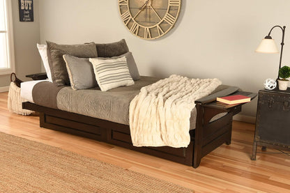 Phoenix Full Size Futon in Espresso Finish with Storage Drawers, Oregon Trail Java