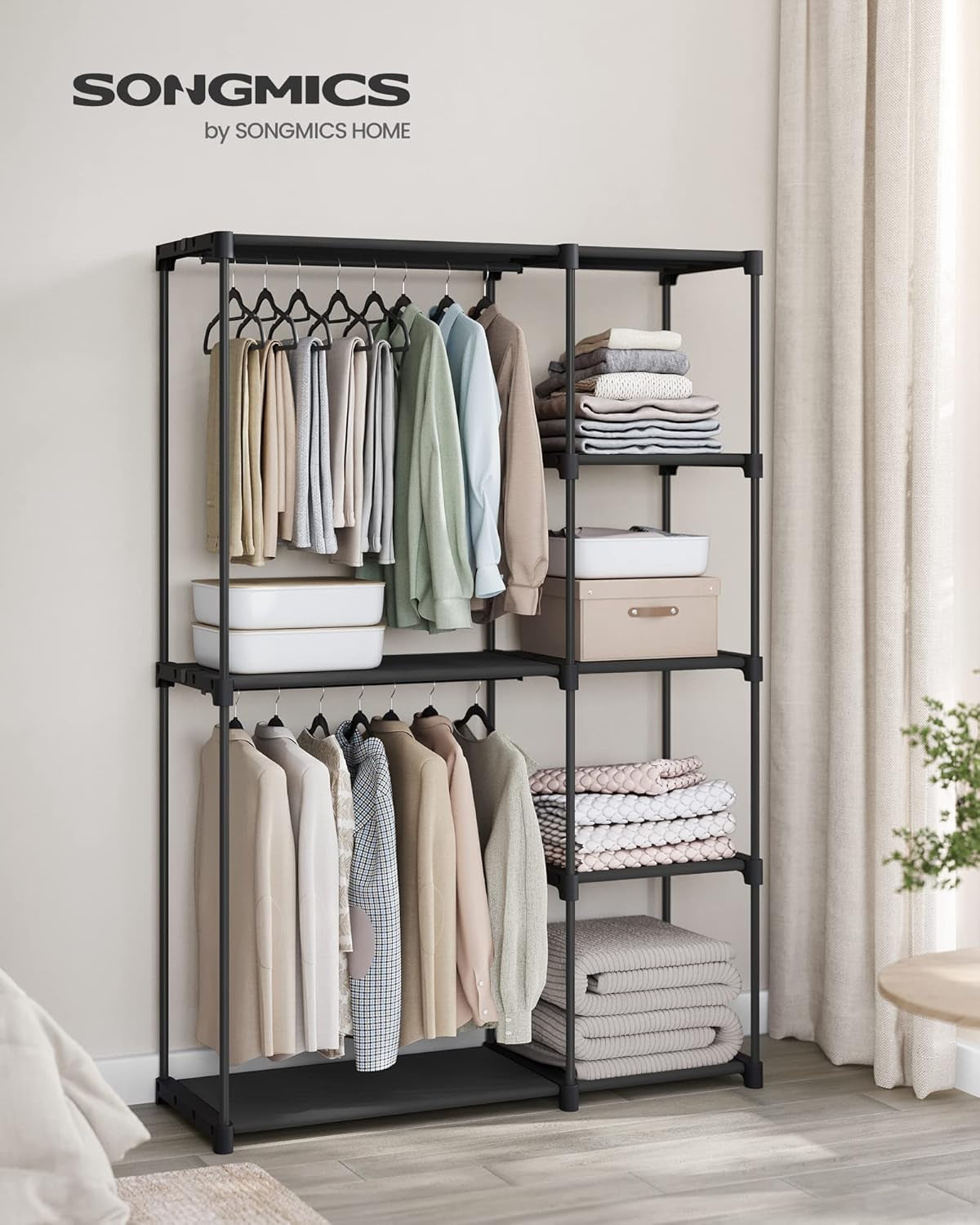 Portable Closet, Freestanding Closet Organizer, Clothes Rack with Shelves, Hanging Rods, Storage Organizer, for Cloakroom, Bedroom, 48.8 X 16.9 X 71.7 Inches, Black URYG026B02