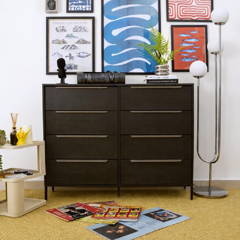 Lira Premium Fabric Dresser - Solid Wooden Frame, 8 Spacious Sag-Proof Drawers with Sleek Metal Handles - Premium & Durable Storage Solution for Your Home (Black)