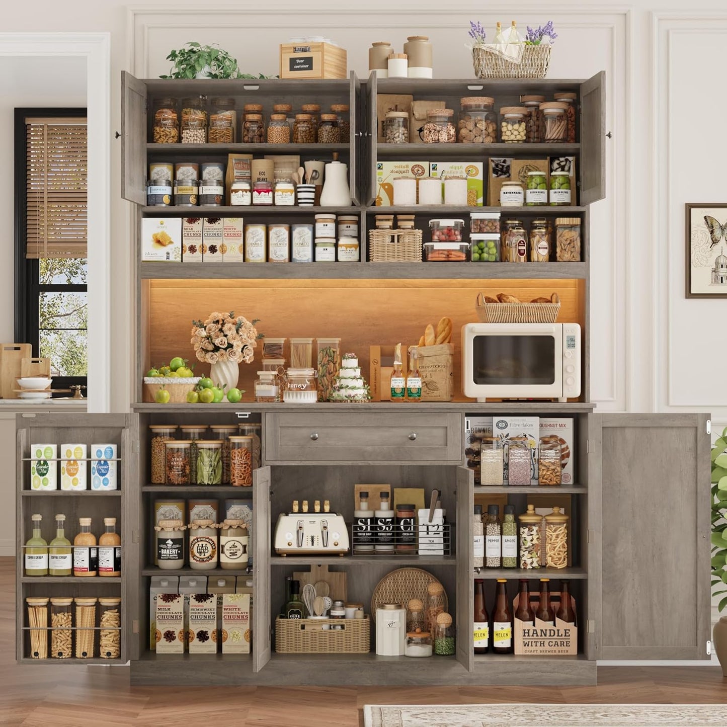 72.8” Tall Kitchen Pantry Cabinet with LED & Charging Station, 55” Wide Farmhouse Pantry Storage Cabinet with Microwave Stand&Shelves&Barn Doors, Kitchen Hutch Coffee Bar for Living Room, Grey