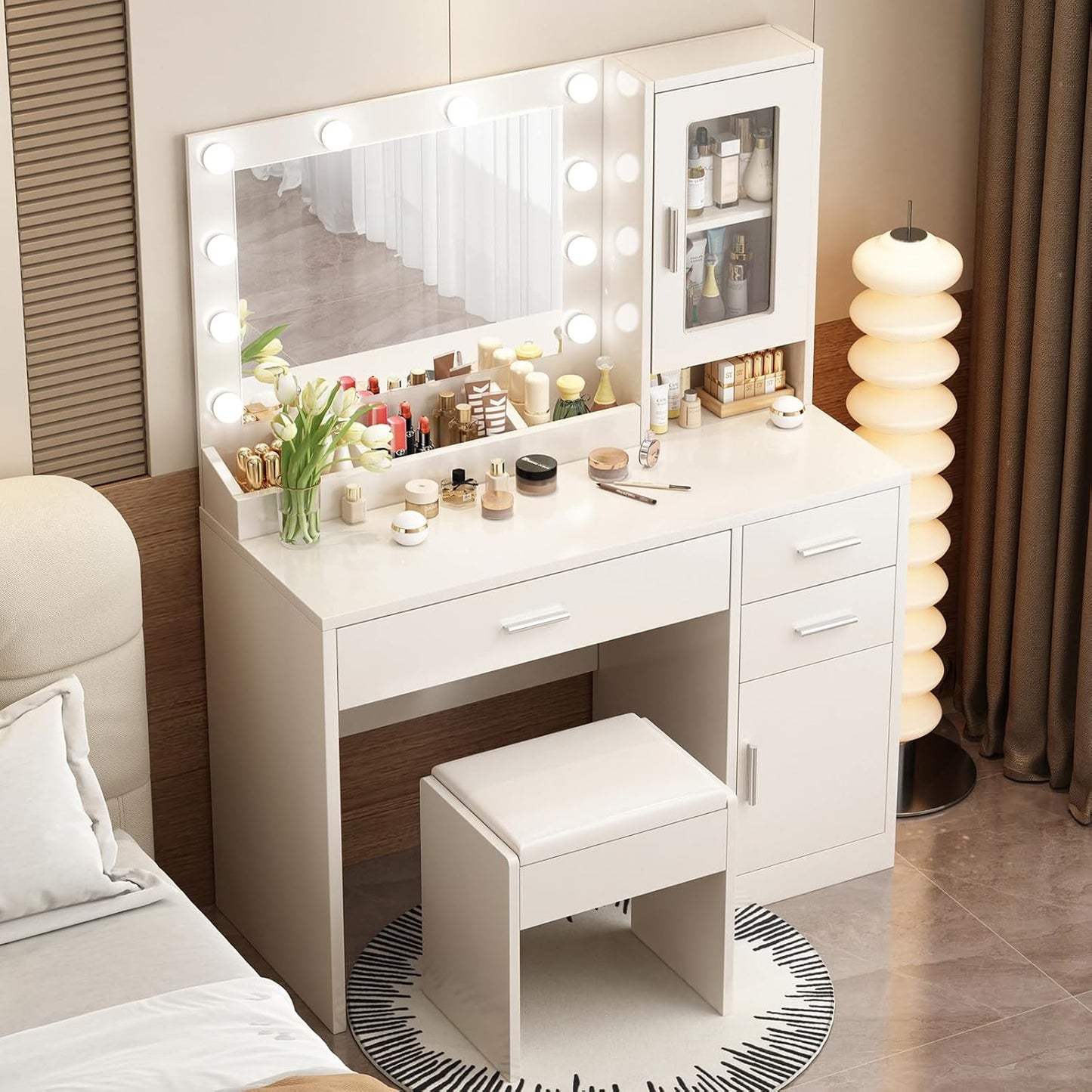 Makeup Vanity Desk Set with LED Lights Mirror Chair, Vanity Table with 7 Storage Shelves and 3 Drawers,3 Lighting Modes Adjustable Brightness Dressing Table for Bedroom,White