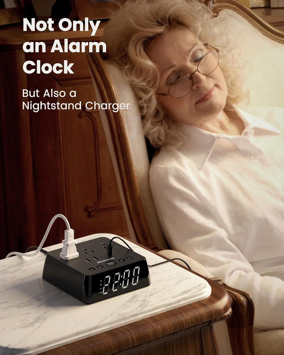 Alarm Clock with 4 USB Chargers Power Strip 3 Outlets 1700J Surge Protector Nightstand Dimmable Digital Clock with Dual Alarm and Snooze Function for Bedroom, Full Screen LED Display