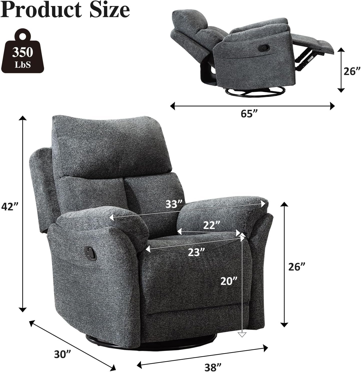 Rocker Recliner, Manual Swivel Recliner with Overstuffed Cushion, Nursing Chairs for Living Room, Swivel Glider Recliners with Soft Backrest, Dark Grey