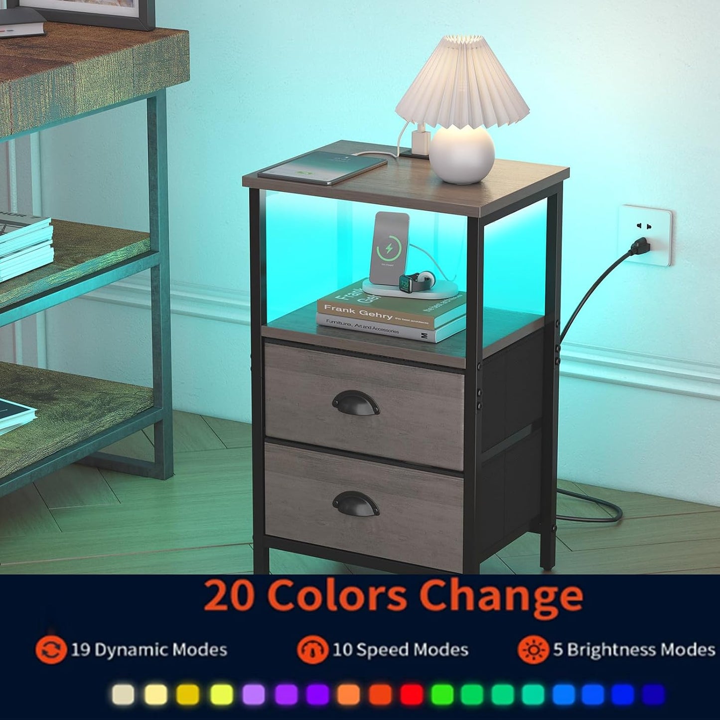Nightstand with Charging Station, LED Night Stand Set of 2, Bedside Table End Table with Drawer, Bedroom Tables with 2 Fabric Drawers, 3-Tier Storage Side Table for Bedroom,Grey