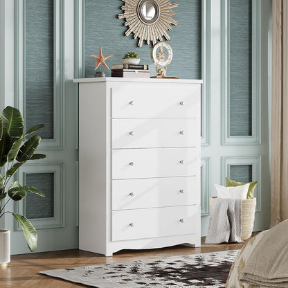 White 5 Drawer Wood Dresser, Wooden Chest of Drawers for Bedroom, Storage Cabinet and Organizer Drawers for Living Room, Hallway, Closet, Measuring 15.75" W*31.50" D*45.35" H