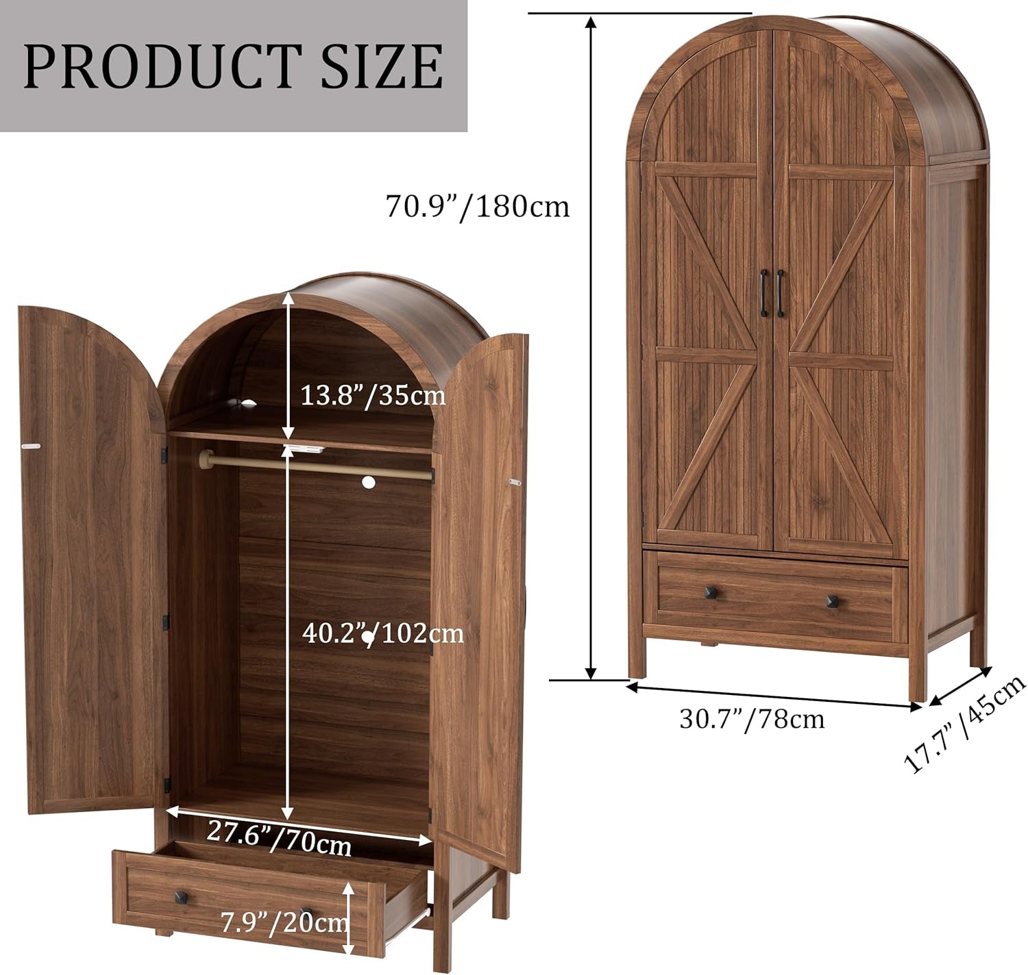 Armoire Wardrobe Closet with Drawers and 2 Arched Fluted Doors, 70.9‘’ Tall Wooden Bedroom Armoires with LED Light & Shelves and Hanging Rod(Brown)