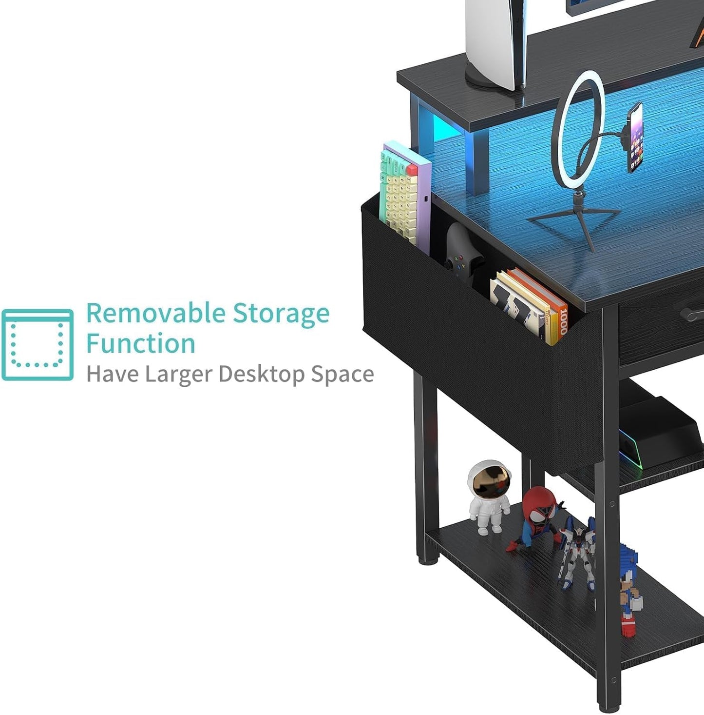 Gaming Desk with Led Lights and Power Outlets, 47 Inch Home Office Desk with Monitor Stand & Shelves, Writing Study Computer Desks with Fabric Drawers for Bedroom, Black