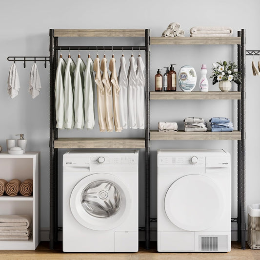 30" 5-Tier Over-The-Washer Shelf – Adjustable Height Laundry Organizer with Double-Layer Wood Shelves (100LB Capacity), Space-Saving Storage for Bathroom, Laundry Room, Balcony (Grey, Black)