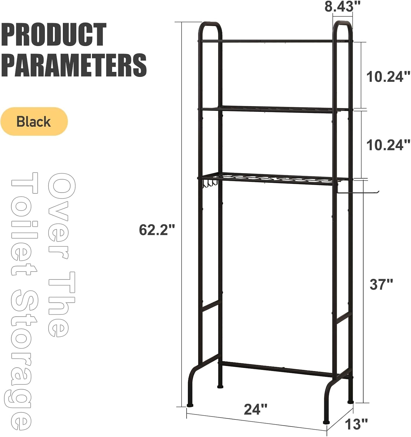 Over the Toilet Storage,3-Tier Heavy Duty Metal Bathroom Organizer, Freestanding Space Saver with Wide Shelves for Towels & Toilet Paper (Black)