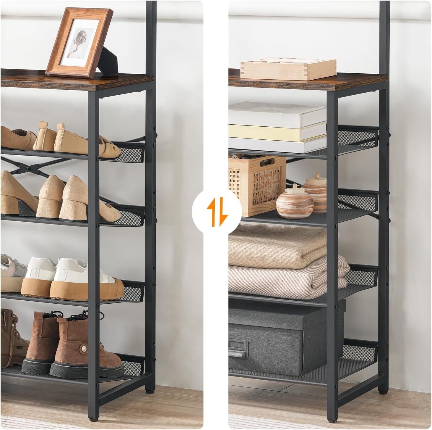Hall Tree with Bench, Entryway Coat Rack with Shoe Rack, Shoe and Coat Rack, 5 Tier Shoe Storage Organizer with Oxford Fabric Side Pockets, Adjustable Mesh Shelves, Rustic Brown BF75MT01