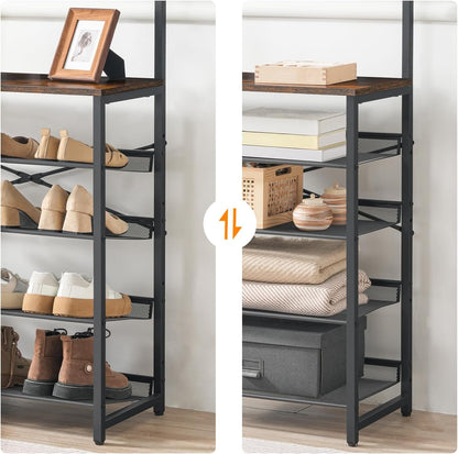 Hall Tree with Bench, Entryway Coat Rack with Shoe Rack, Shoe and Coat Rack, 5 Tier Shoe Storage Organizer with Oxford Fabric Side Pockets, Adjustable Mesh Shelves, Rustic Brown BF75MT01