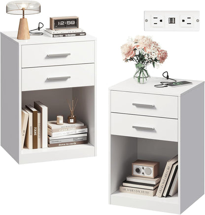 Night Stand Set of 2 with Charging Station, Nightstands with Wood Drawers and Open Shelf, Bed Side Tables Living Room, Bedroom, Modern End Table Set 2, White