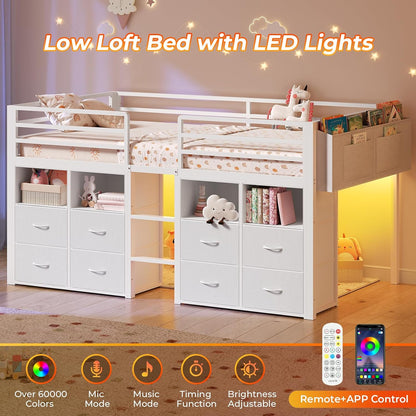 Low Loft Bed Twin Size with 8 Storage Drawers, Twin Loft Bed with Bookcase and LED Lights, Metal Kids Loft Bed with 14" H Safety Guardrail, Under-Bed Play Space, No Box Spring Needed, White