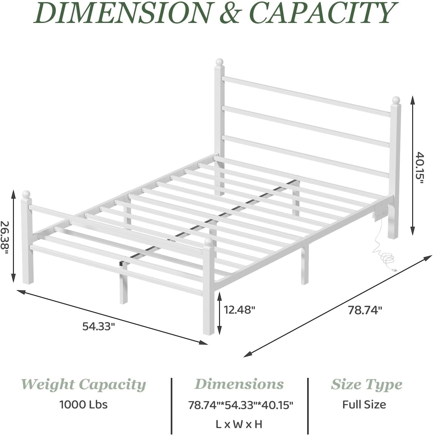 Full Size Bed Frame with Charging Station & LED Lights, Full Metal Platform Bed Frame with Headboard and Footboard, Storage Space under Bed, No Box Spring Needed, Noise Free, Easy Assembly, White