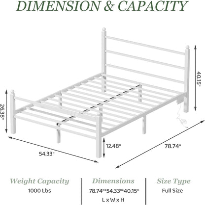 Full Size Bed Frame with Charging Station & LED Lights, Full Metal Platform Bed Frame with Headboard and Footboard, Storage Space under Bed, No Box Spring Needed, Noise Free, Easy Assembly, White