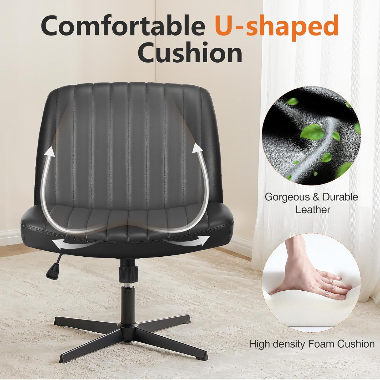 Criss Cross Chair Legged, PU Leather Armless Office Swivel Desk Chairs No Wheels, Vanity Height Adjustable Wide Seat Faux Leather Computer Task Chair for Home Bedroom, Pu-Black