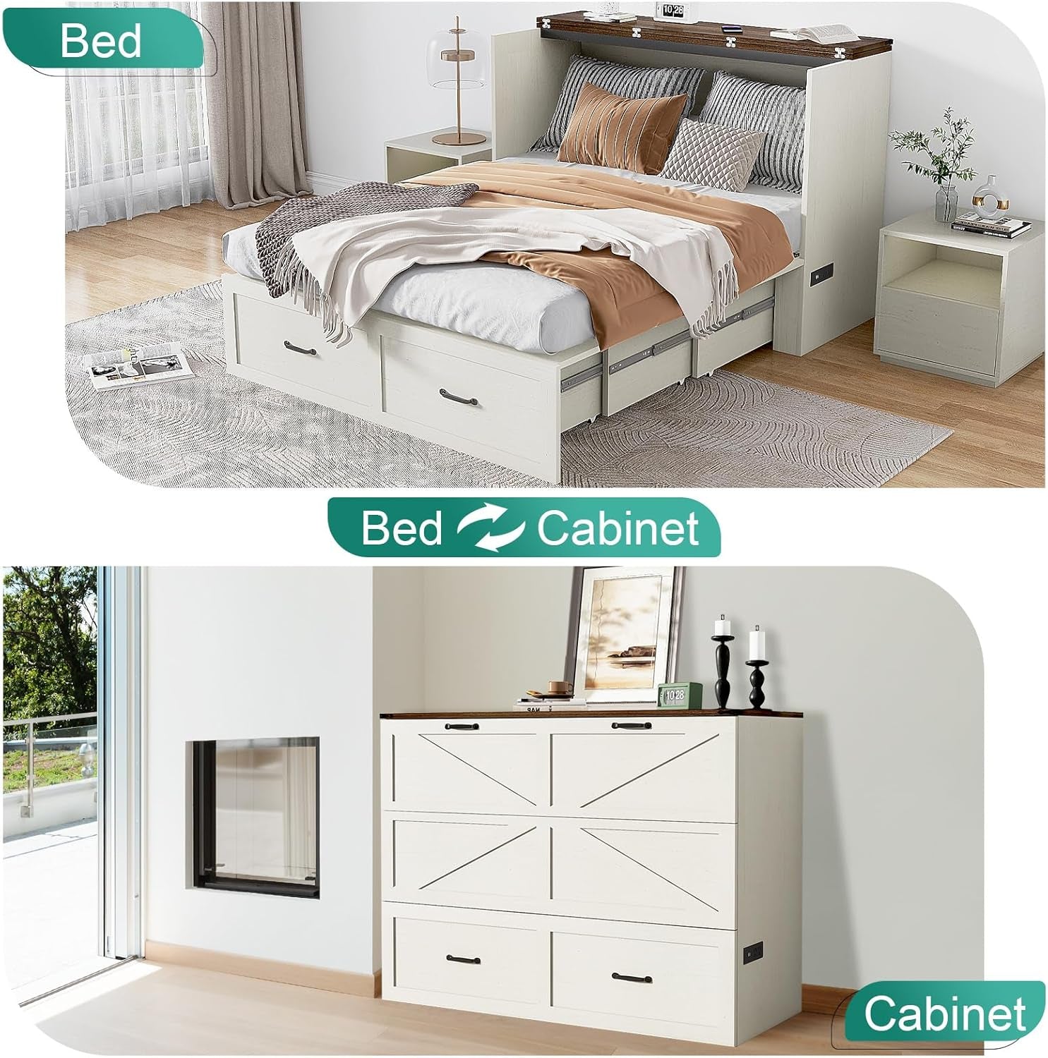 Queen Size Murphy Chest Bed with Drawer and Charging Station, Farmhouse Wood Space-Saving Hidden Folding Bed Chest, Multifunctional Storage Cabinet Beds for Bedroom, Office, Rustic White