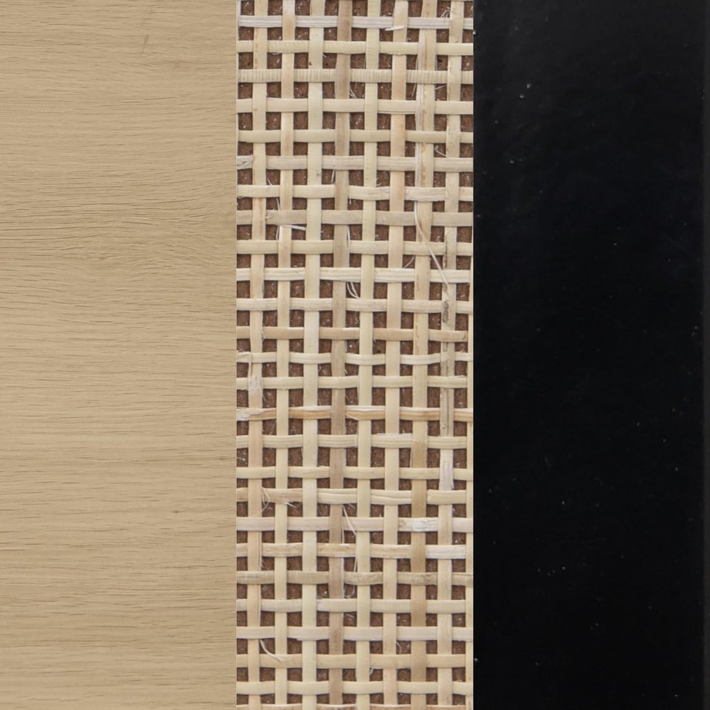 Andrew 3-Drawer Rattan Dresser or Bohemian Living Room Storage Cabinet with Natural Rattan Accent and Metal Legs, Light Oak/Black, Set of 2