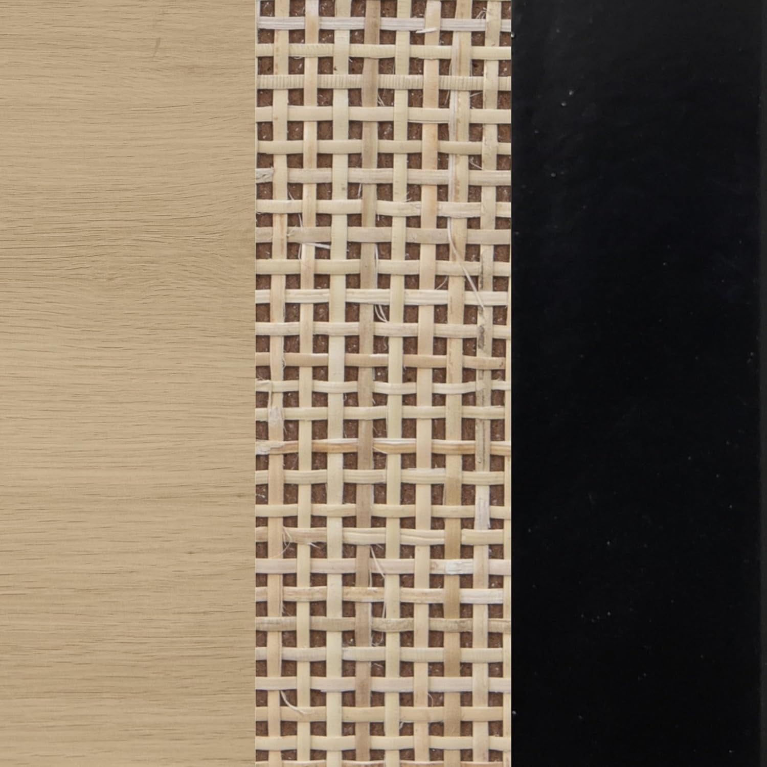 Andrew 3-Drawer Rattan Dresser or Bohemian Living Room Storage Cabinet with Natural Rattan Accent and Metal Legs, Light Oak/Black, Set of 2