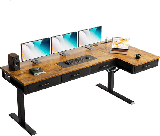 63 Inch L Shaped Electric Standing Desk with Drawers, Height Adjustable Large Desk with Power Outlets, Sit Stand Table, Writing Computer Desk for Home, Office, Workstation, Rustic Brown