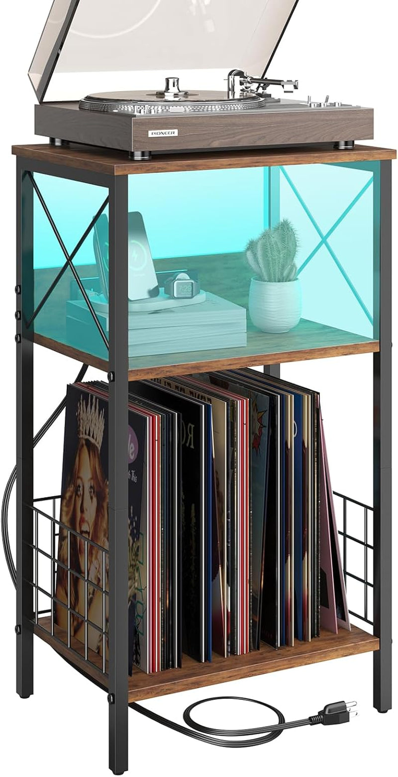 3 Tiers End Table with Charging Station, LED Side Small Table Turntable for Vinyl Storage, Records Player Stand for Albums, Vinyl Holder Shelf Tables for Living Room, Bedroom Rustic Brown