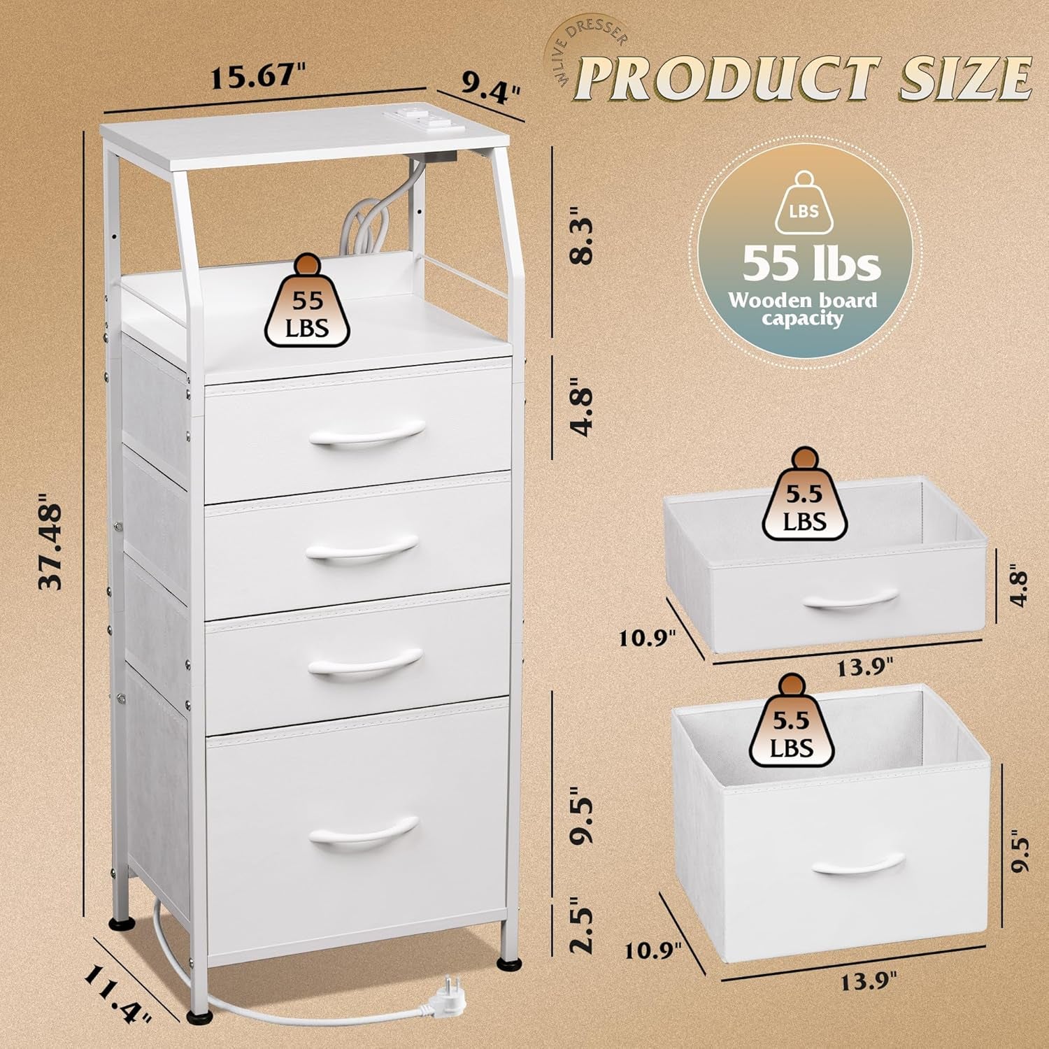 Night Stand with Charger Station, White Nightstand with LED Light and 4 Storage Drawers, Tall Dresser for Bedroom, 37.48" H Bedside Table with Fabric Bins, Wood Shelf