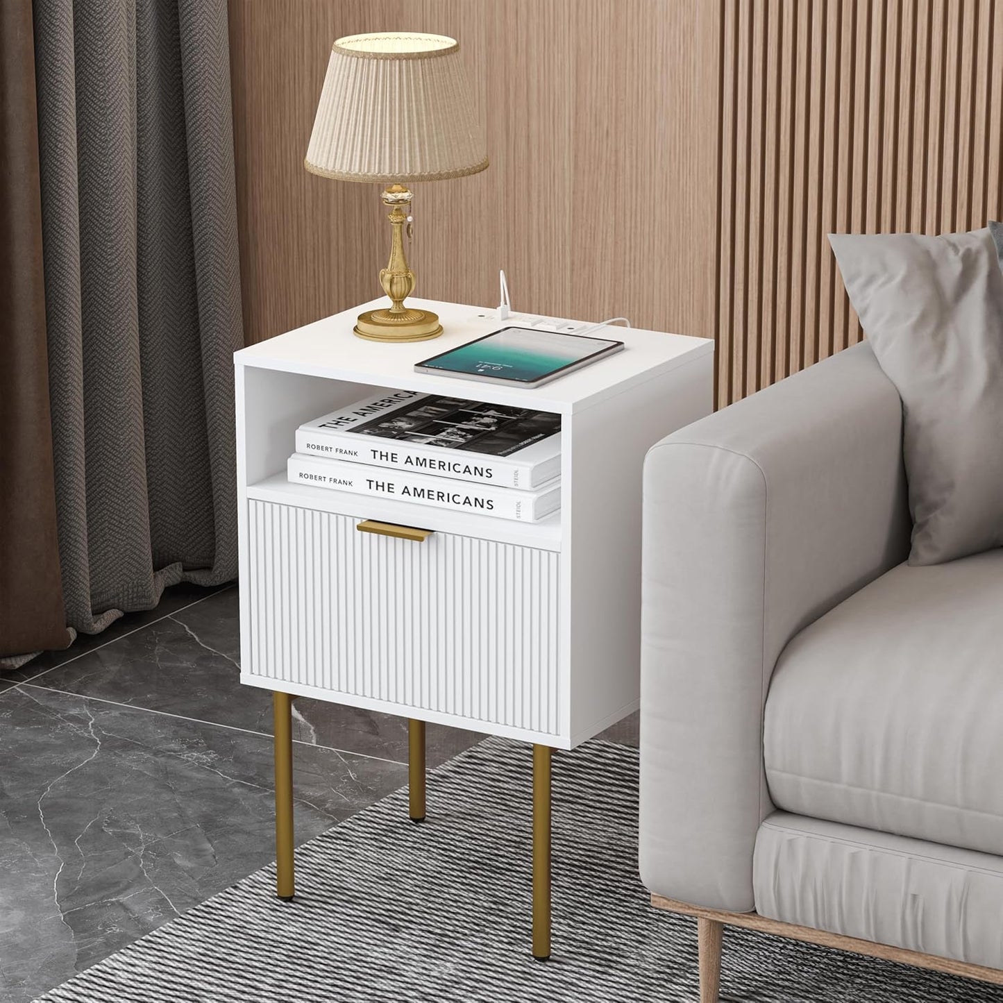 Modern Nightstand with Charging Station and LED Lights, White Bedside Table with Drawer, Fluted Side Table for Living Room, Bedroom