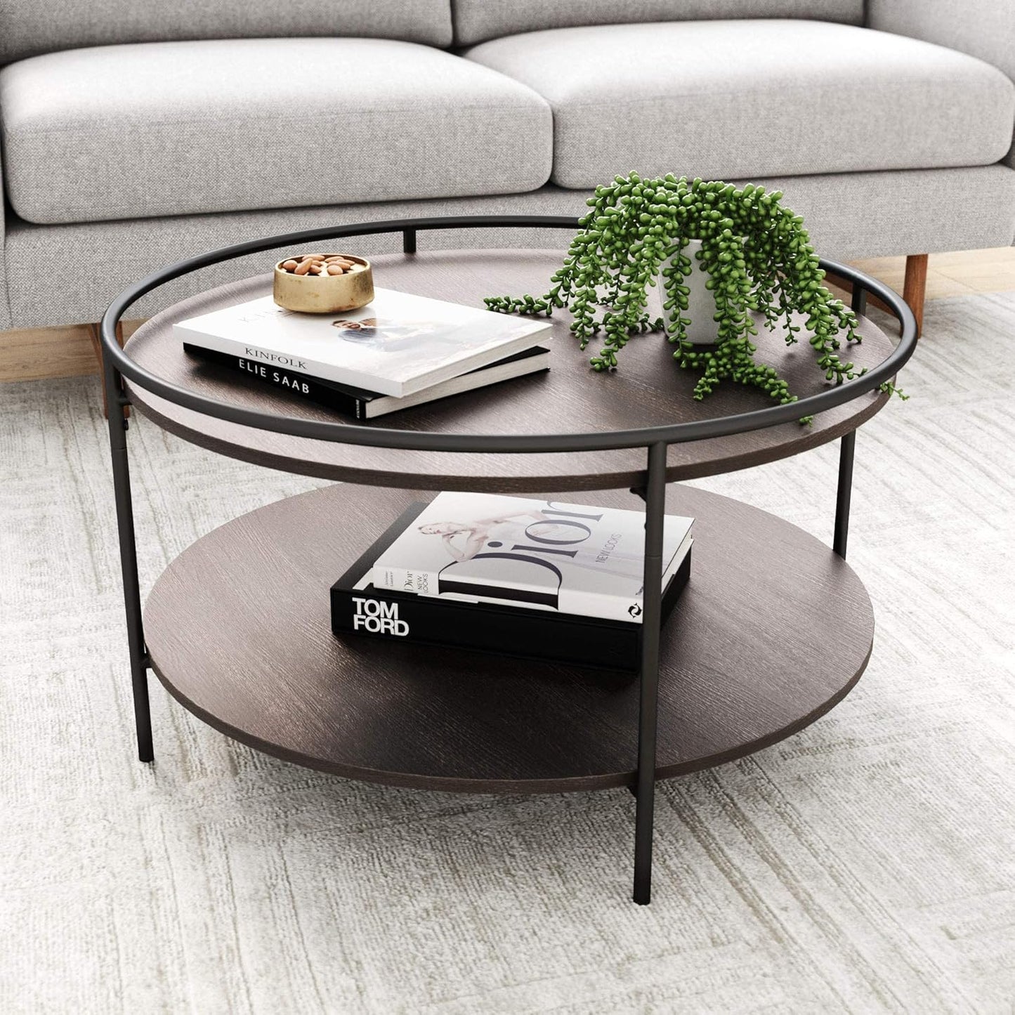 Paloma round Coffee Tea or Cocktail with Raised Tray Top Edge Tables, 2-Tier Minimalist Style Living Room, Dark Oak/Matte Black