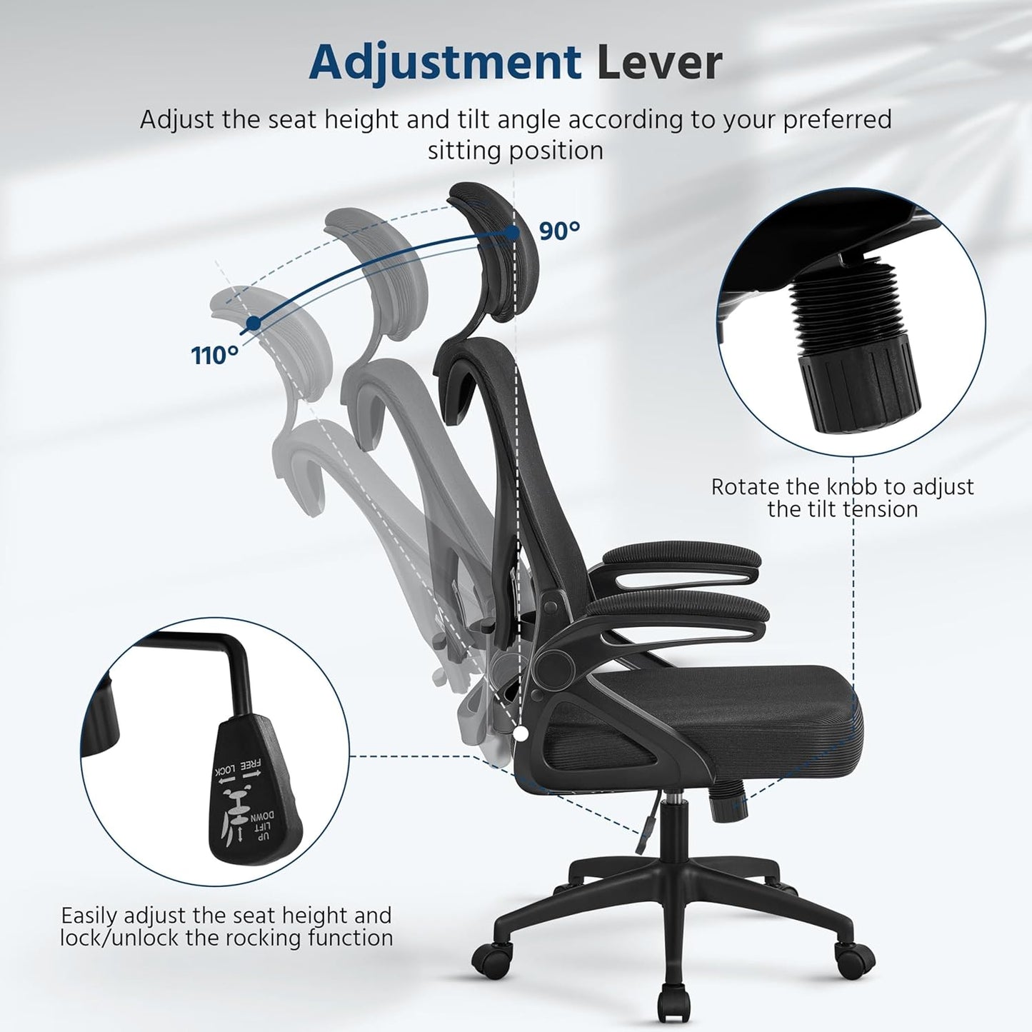 Ergonomic Office Chair, High Back Desk Chair with Headrest and Flip-Up Armrest Lumbar Support for Home Office Meeting Room Study, Black
