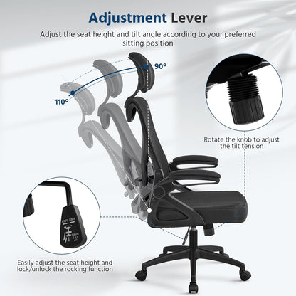 Ergonomic Office Chair, High Back Desk Chair with Headrest and Flip-Up Armrest Lumbar Support for Home Office Meeting Room Study, Black