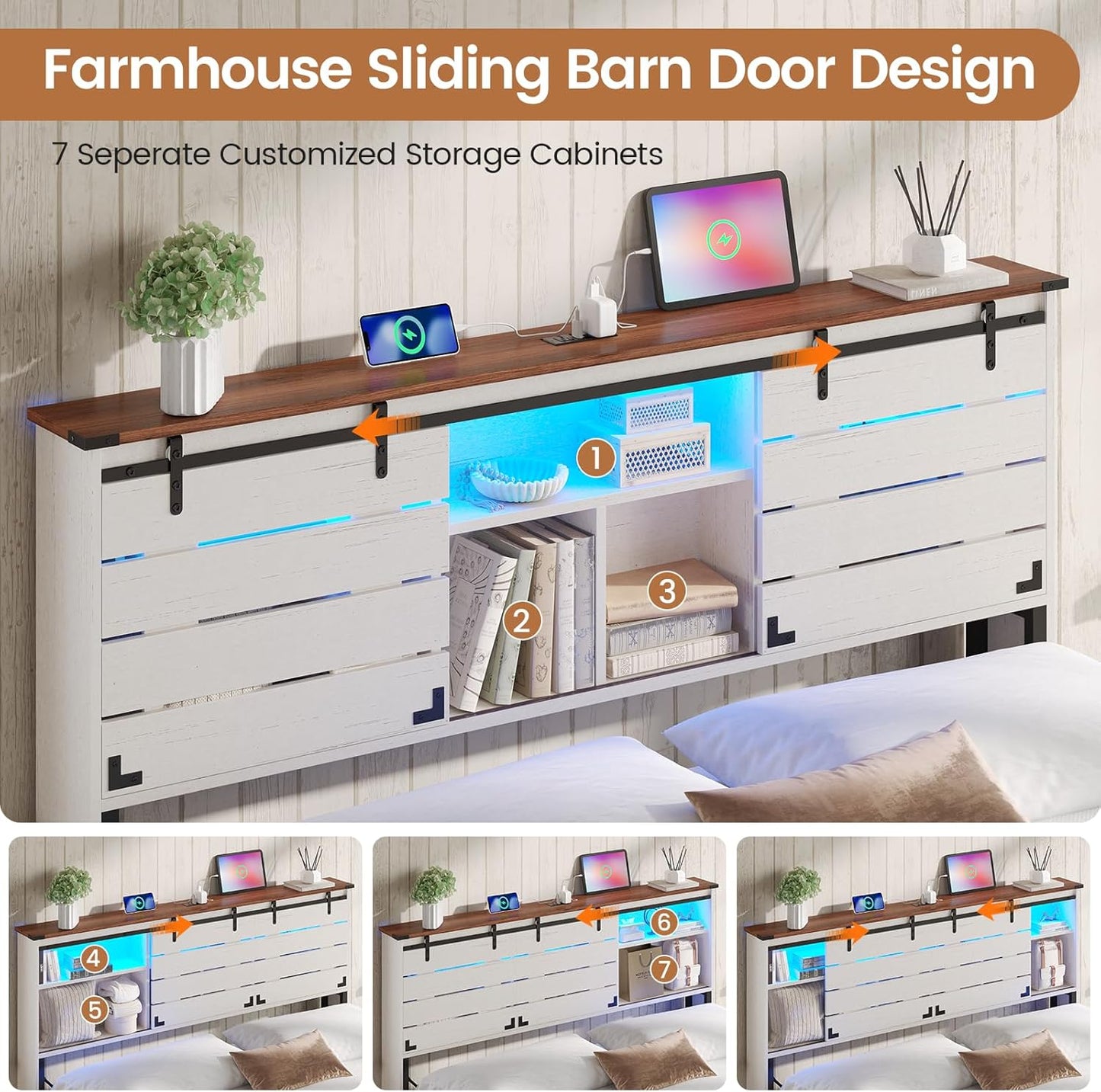 Wooden Bed Frame Queen Size with Bookcase Headboard and Sliding Barn Door, Farmhouse Queen Bed Frame with Charging Station, LED Lights and 4 Storage Drawers, No Box Spring Needed, White