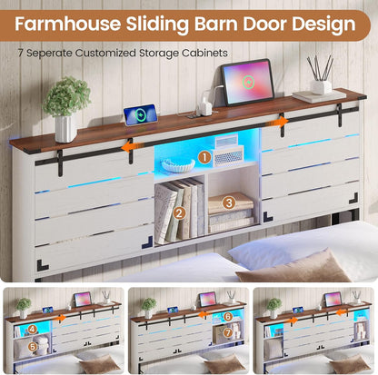 Wooden Bed Frame Queen Size with Bookcase Headboard and Sliding Barn Door, Farmhouse Queen Bed Frame with Charging Station, LED Lights and 4 Storage Drawers, No Box Spring Needed, White