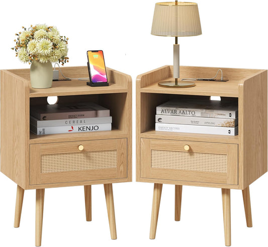 Night Stand Set of 2, Bedside Tables with Charging Station, Rattan End Tables, Boho Bed Side Tables, Wood Nightstands Set of 2 for Kids' Room Farmhouse Bedroom Living Room Dorm Sofa Couch (Natural)