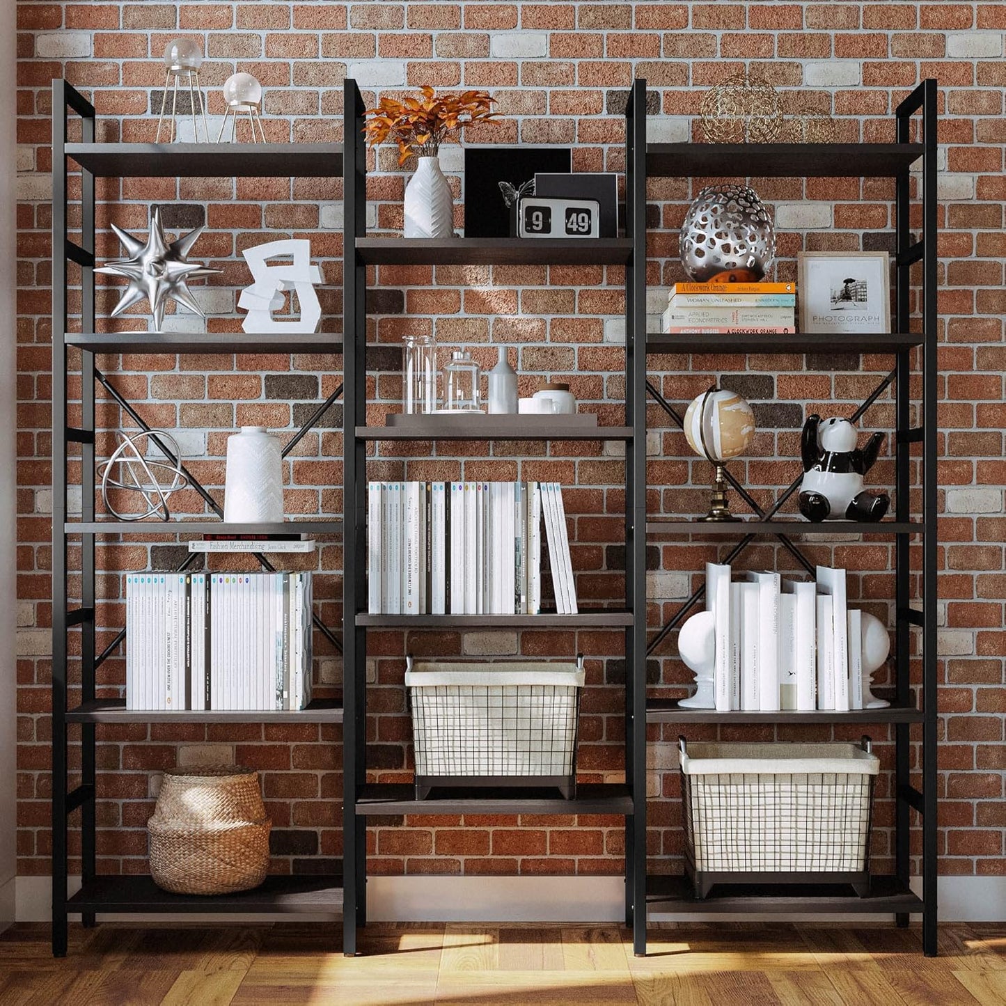 Bookcases and Bookshelves Triple Wide 5 Tiers Industrial Bookshelf, Large Etagere Bookshelf Open Display Shelves with Metal Frame for Living Room Bedroom Home Office