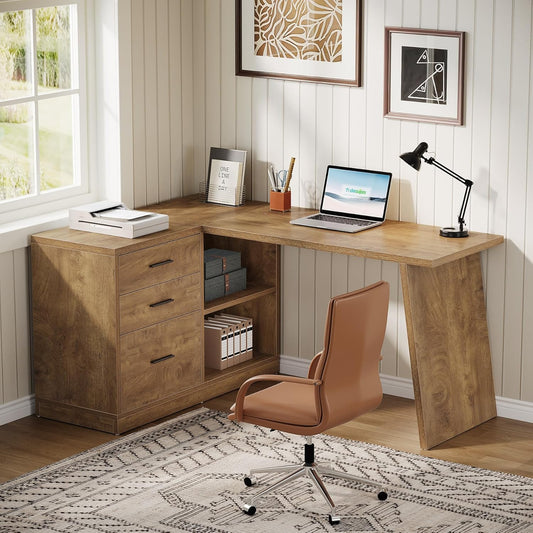 55-Inch L Shaped Computer Desk with 3 Drawers, Corner Home Office Desk with Storage Shelves, Farmhouse Wood Executive Desk for Work Writing Sturdy, Gaming, Brown