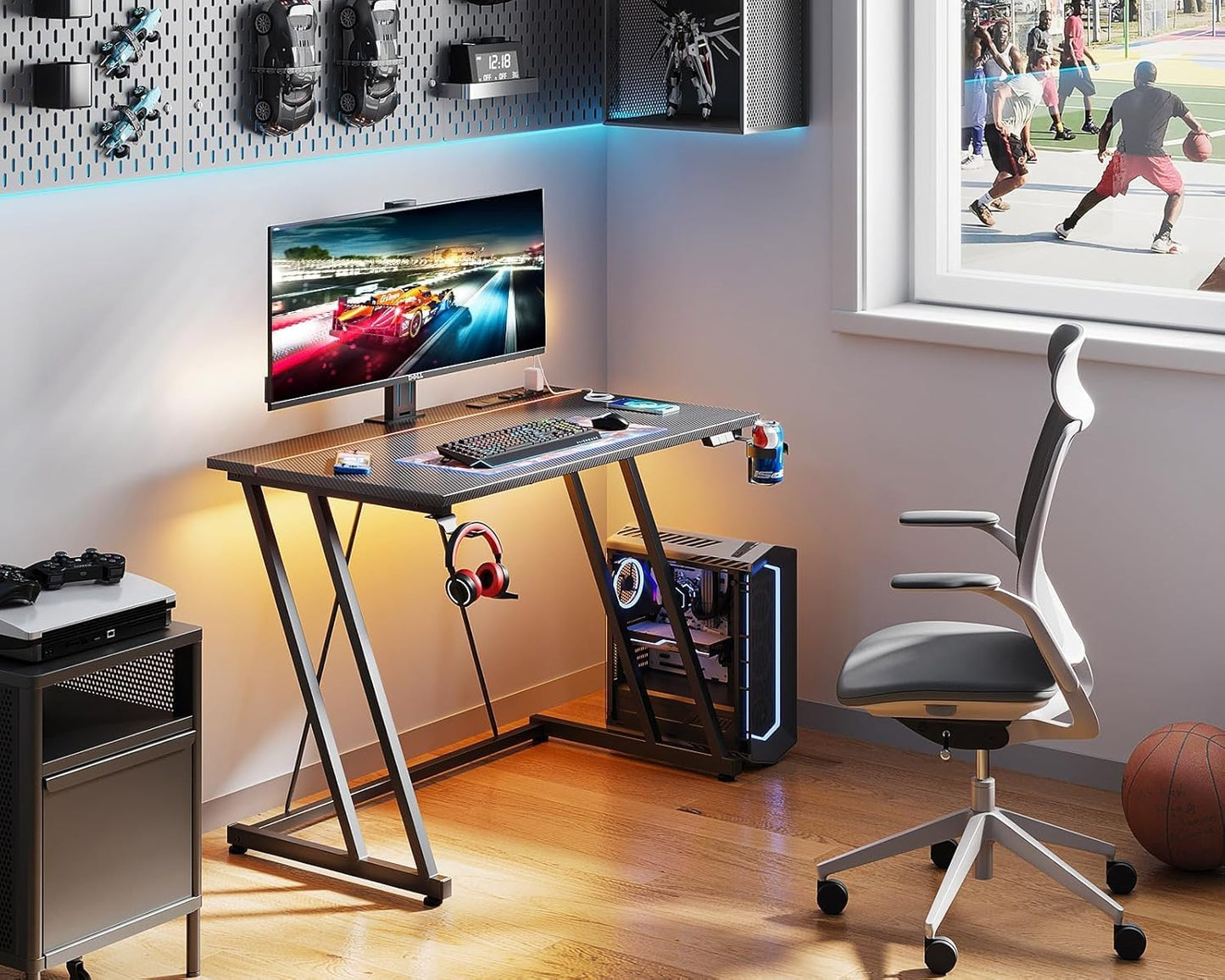 32 Inch Small Gaming Desk with LED Lights & Power Outlet, Computer Desk for Small Space, Gaming Table with Carbon Fiber Texture, Kids Desk Gift for Boys Men, Black
