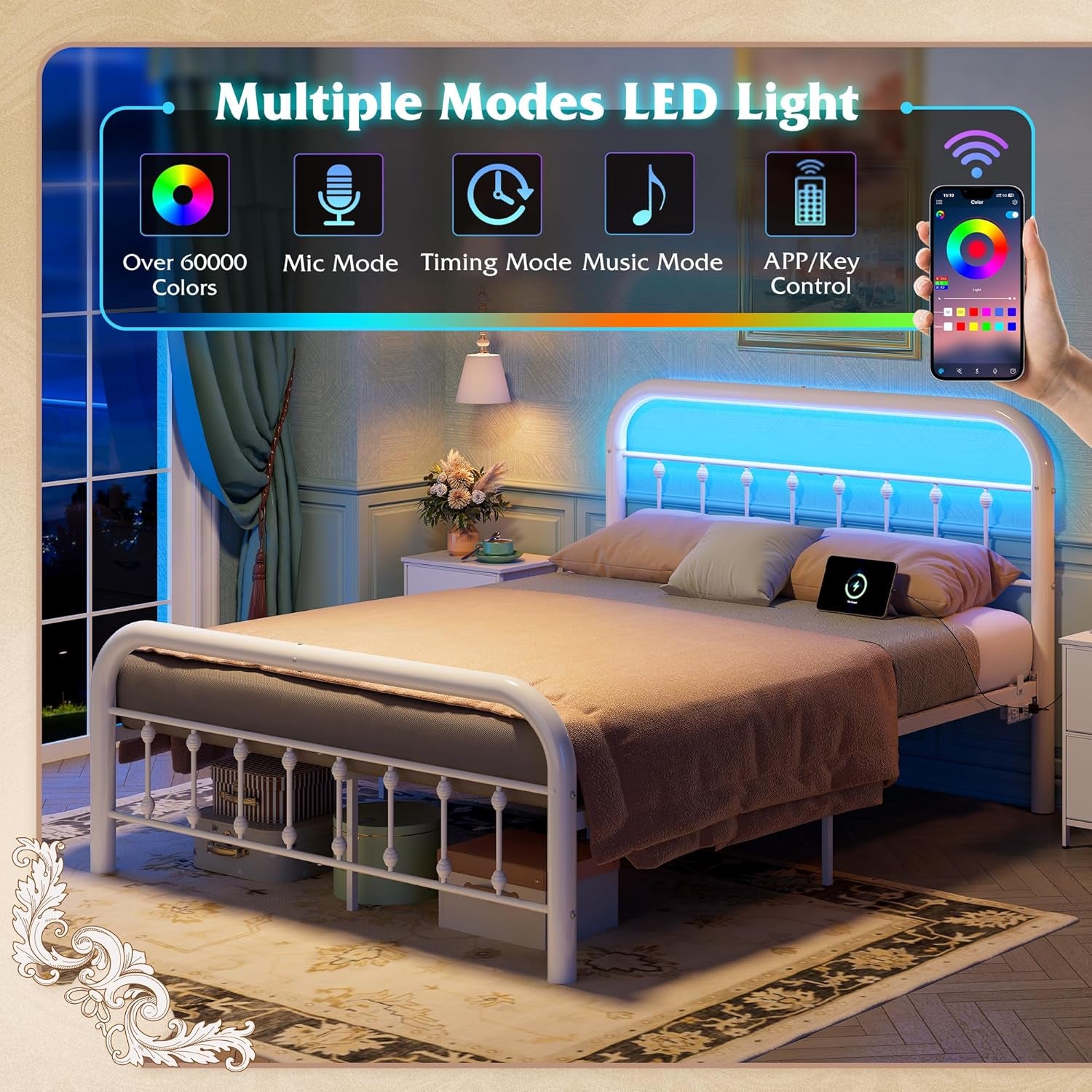 Full Size Bed Frame, Full Bed Frame with LED Lights and Charging Station, Metal Bed Frames with Headboard,No Box Spring Required,Easy Assembly, White