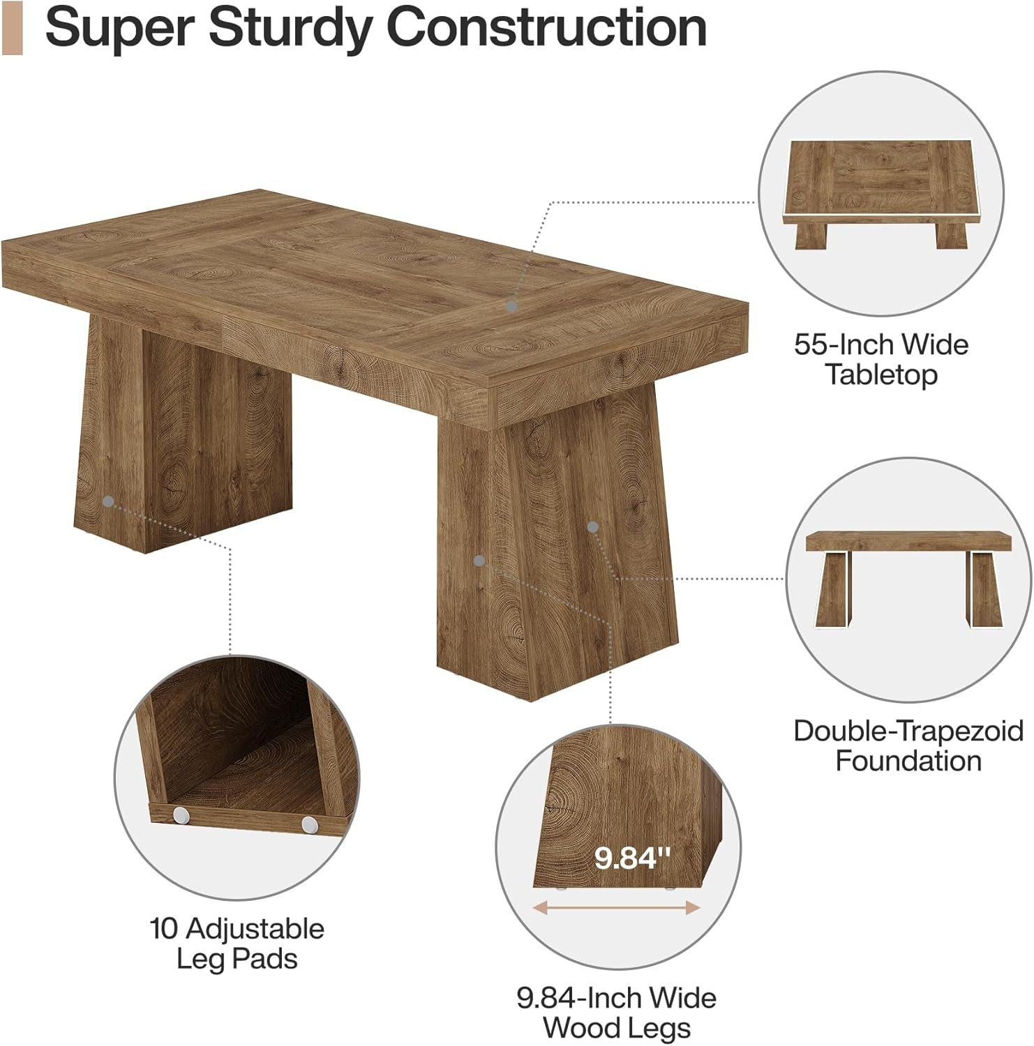55" Executive Desk, Wooden Office Desk with Double Pedestal, Modern Simple Computer Writing Table for Home Office, Light Brown