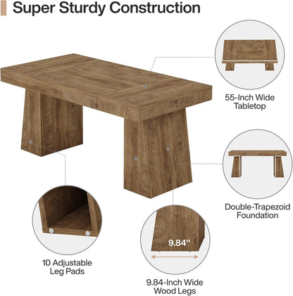 55" Executive Desk, Wooden Office Desk with Double Pedestal, Modern Simple Computer Writing Table for Home Office, Light Brown