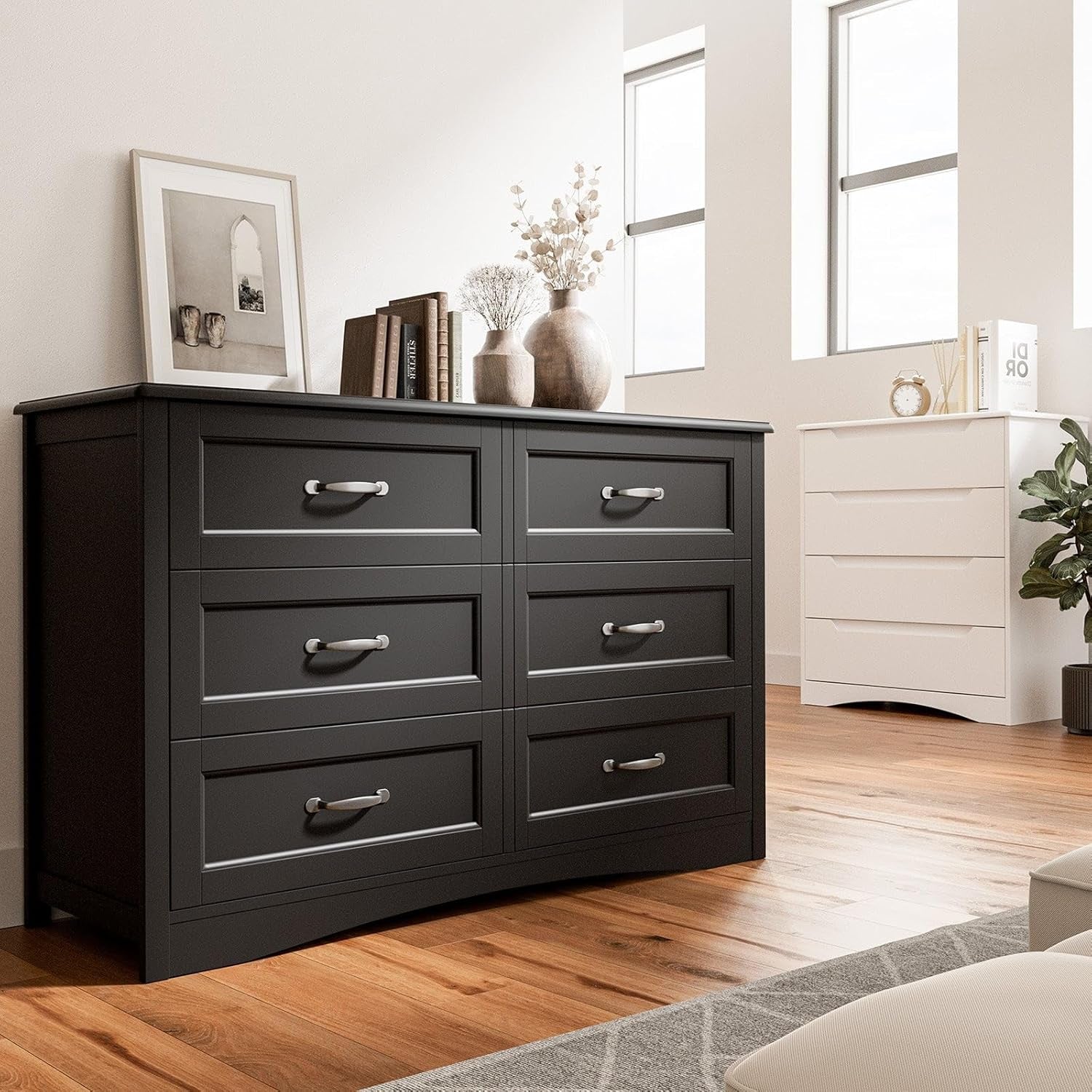 6 Drawer Dresser for Bedroom，47'' Larger Chest of Drawers with Mental Handle for Kids Room, Black Dresser with 6 Storage Drawers for Living Room, Entryway and Hallway, Black