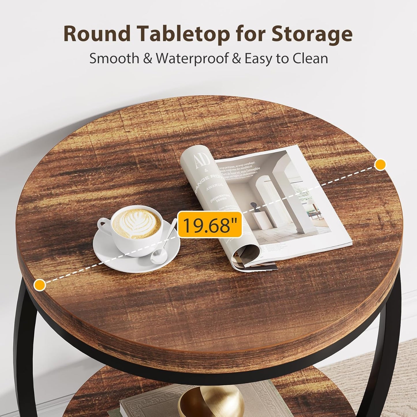 Round End Table, 2 Tier Industrial Side Table, Nightstand with Metal Frame, Accent Bedside Table with Storage Shelves for Living Room, Bedroom, Small Spaces, Rustic Brown & Black