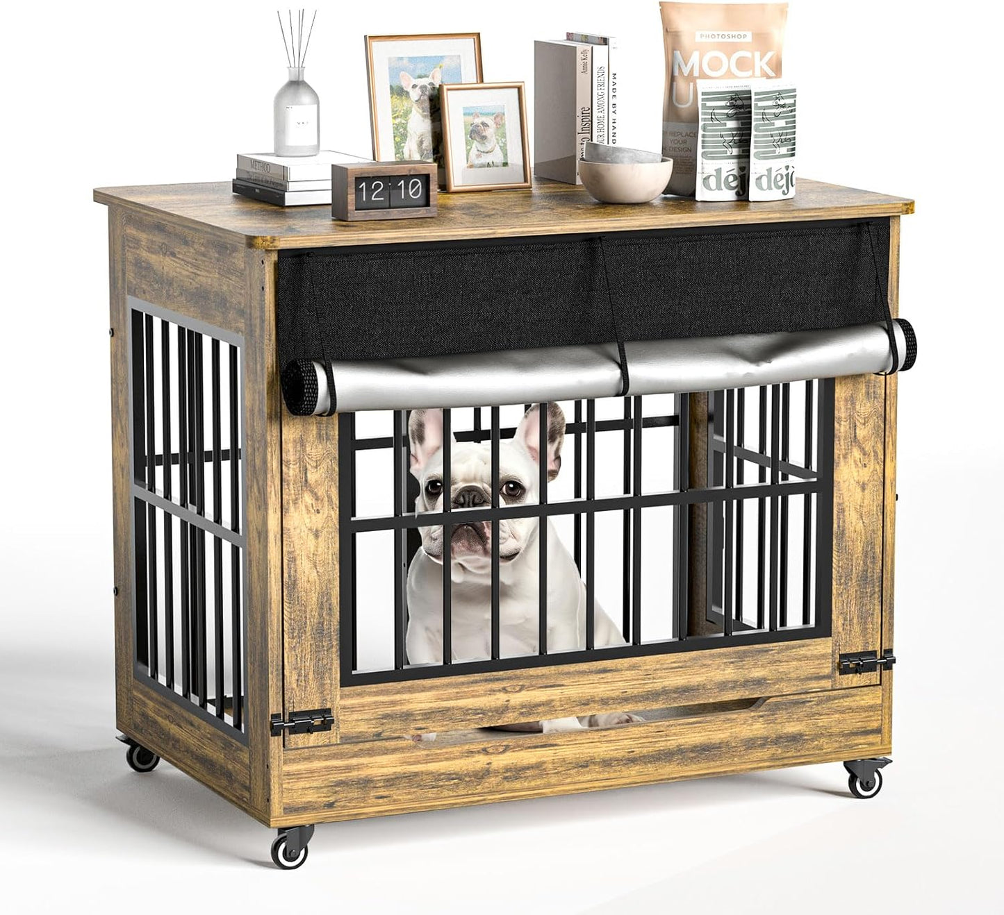 38" Dog Crate Furniture, Double Door Wooden Indoor Dog Kennel Furniture, Decorative Pet Cage End Table with Wheels for Large and Medium Breed Dogs, Size L, Rustic Brown