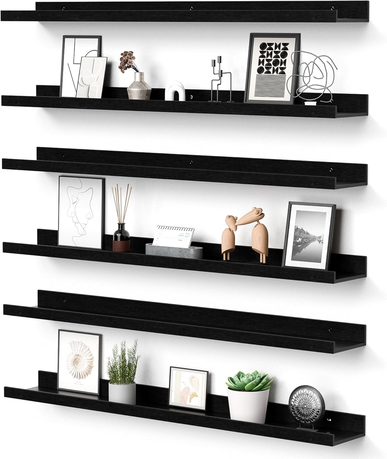 Floating Shelves for Wall, 35.5 Inch Shelves for Decor Storage Set of 6, Wall Mounted Wood Shelf for Bedroom, Living Room, Bathroom, Kitchen, Long Picture Ledge Shelves, Black