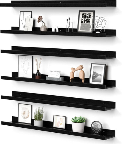 Floating Shelves for Wall, 35.5 Inch Shelves for Decor Storage Set of 6, Wall Mounted Wood Shelf for Bedroom, Living Room, Bathroom, Kitchen, Long Picture Ledge Shelves, Black