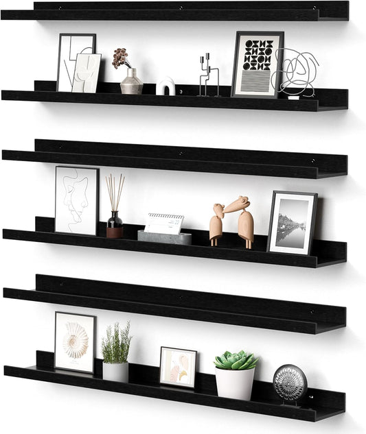Floating Shelves for Wall, 35.5 Inch Shelves for Decor Storage Set of 6, Wall Mounted Wood Shelf for Bedroom, Living Room, Bathroom, Kitchen, Long Picture Ledge Shelves, Black