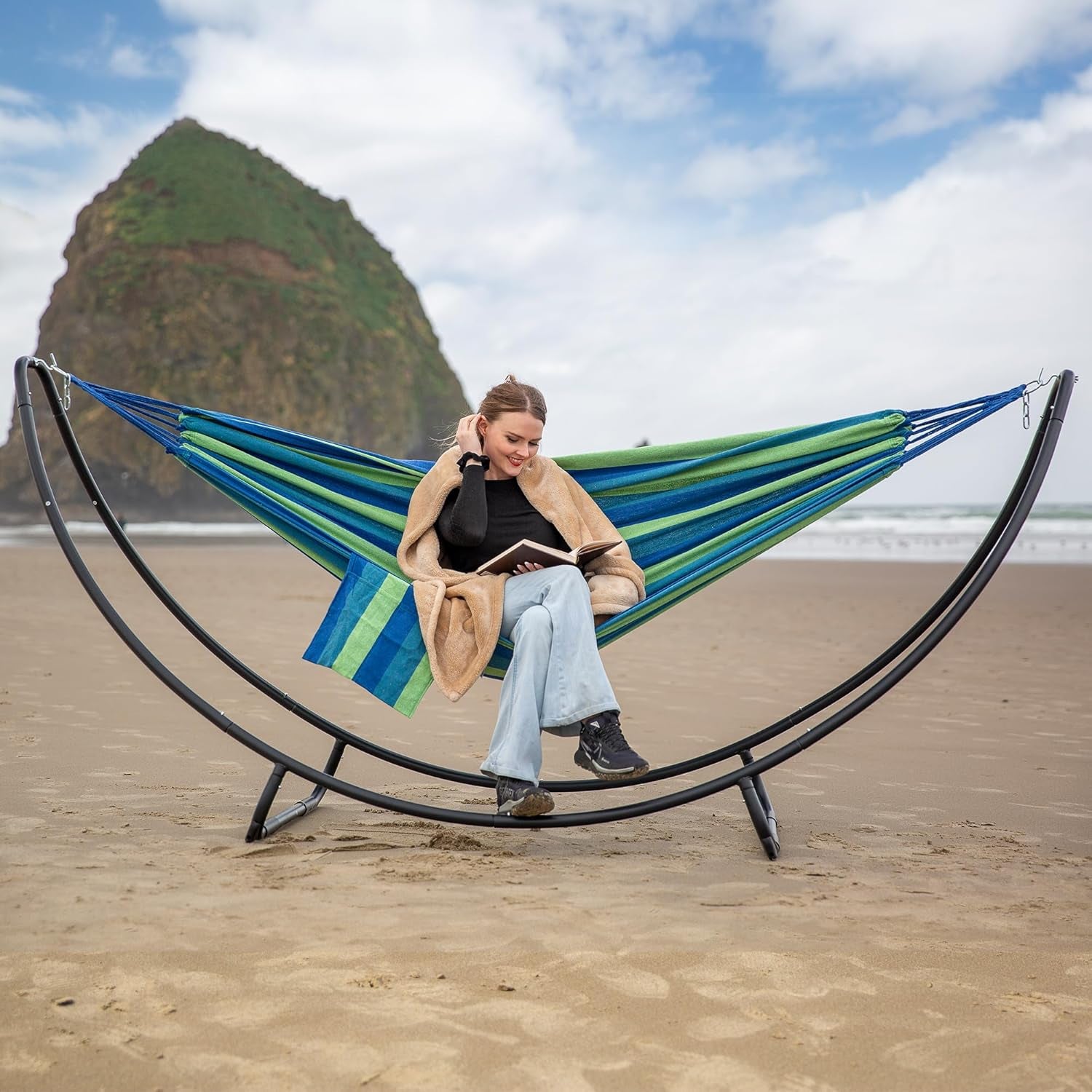 Hammocks Standing Patio Hammock, Portable Hammock with Stand Foldable, Patent Pending, Blue Green