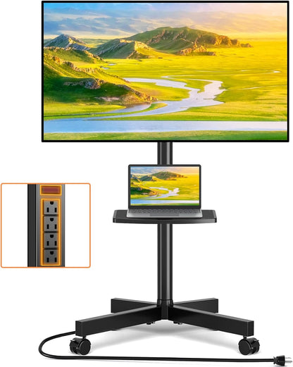 Mobile TV Stand with Power Outlet, Tilt Rolling TV Cart for 23-65 Inch LCD LED OLED Flat Curved Screen Tvs up to 88 Lbs, Height Adjustment Portable TV Stand on Wheels, Max VESA 400X400Mm