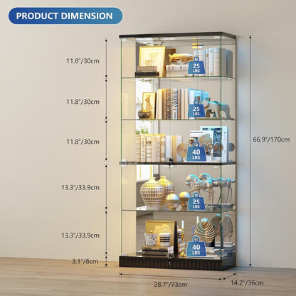Glass Display Cabinet with RGB Lights - 5-Tiers Curio Cabinet Display Case with Lock, Frameless Tall Showcase Display Shelf for Collectibles & Legos, Living Room Bookcase Storage Cabinet (Black)
