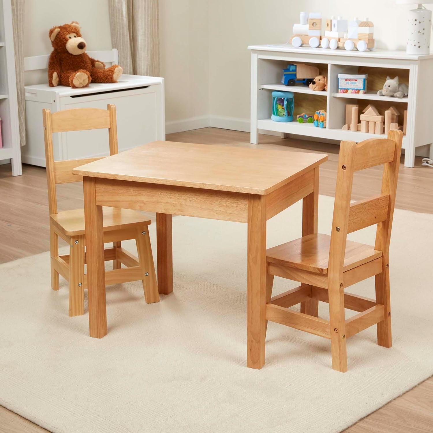 Solid Wood Kids Table and Chairs (2), Premium Quality Wooden Toddler Table and Chair Set for Kids Playroom Furniture & Montessori Classroom Furniture for Boys & Girls Ages 3+