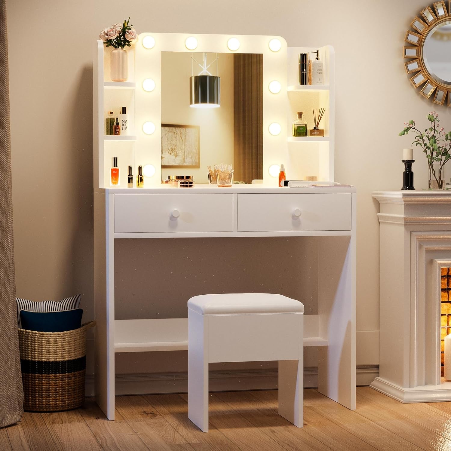 Vanity Desk with Lighted Mirror and Power Outlets, Makeup Vanity Set with Storage Drawer, Shelves and Chair, White Dressing Table with 3 Color Lighting Modes for Bedroom